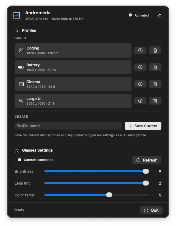 Andromeda macOS menu bar dropdown