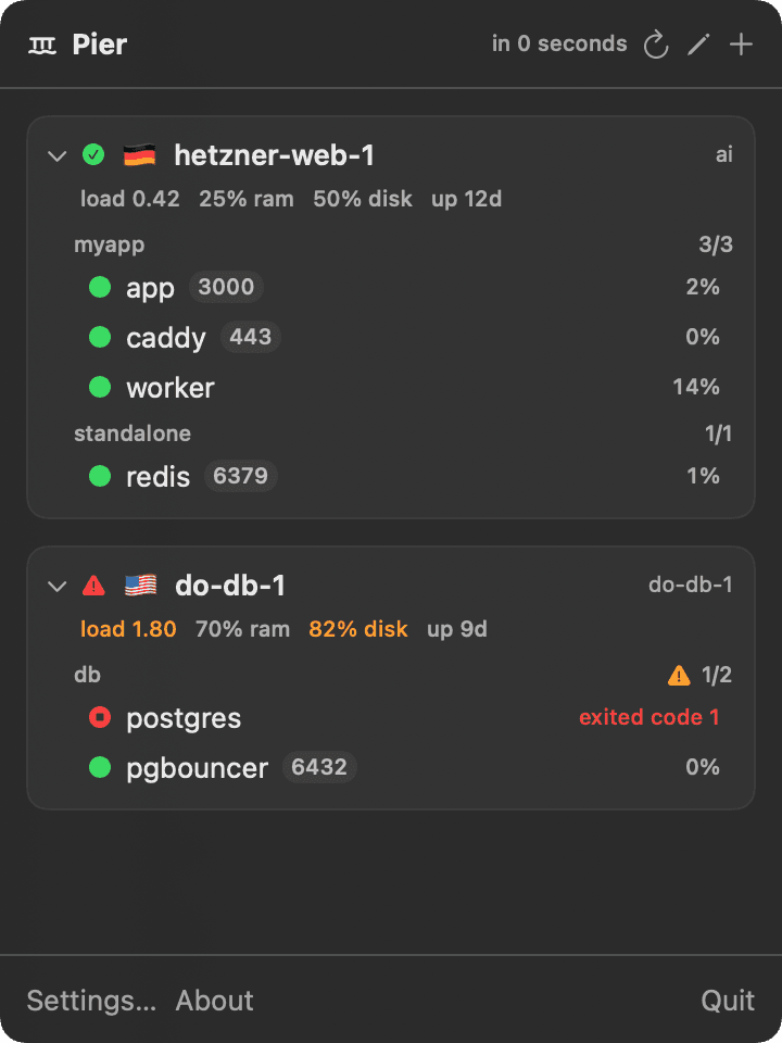 Pier showing an expanded server with a failed postgres container